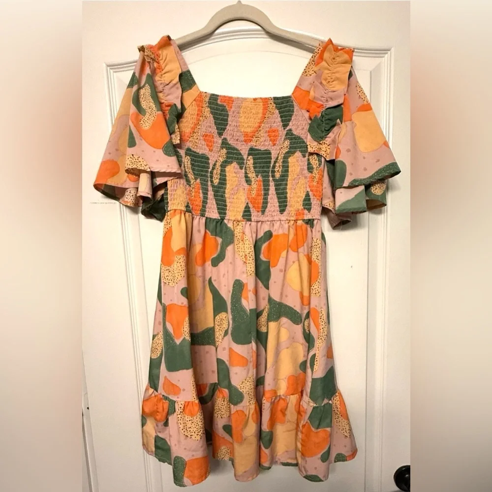 Jodifl Smocked Floral Tiered Dress Small Flutter Sleeve Boho Coastal Cowgirl